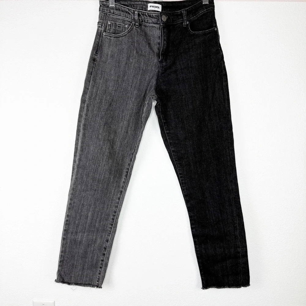 RSQ Jeans Kids Sz 16 Two Tone Black Grey Split Leg Denim Pant Raw Hem Streetwear